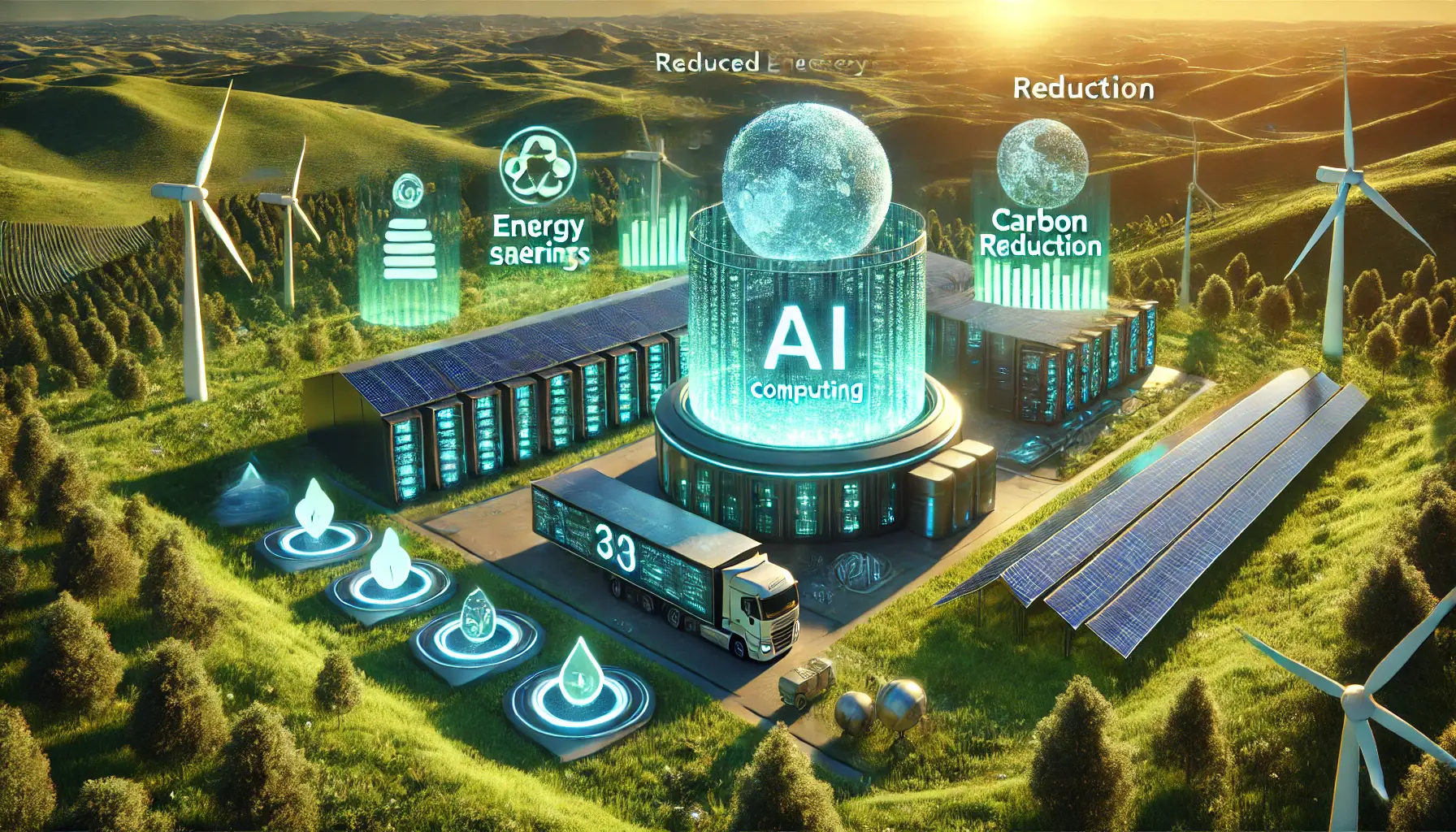 Futuristic AI data center powered by sustainable energy, surrounded by green landscapes with solar panels and wind turbines.