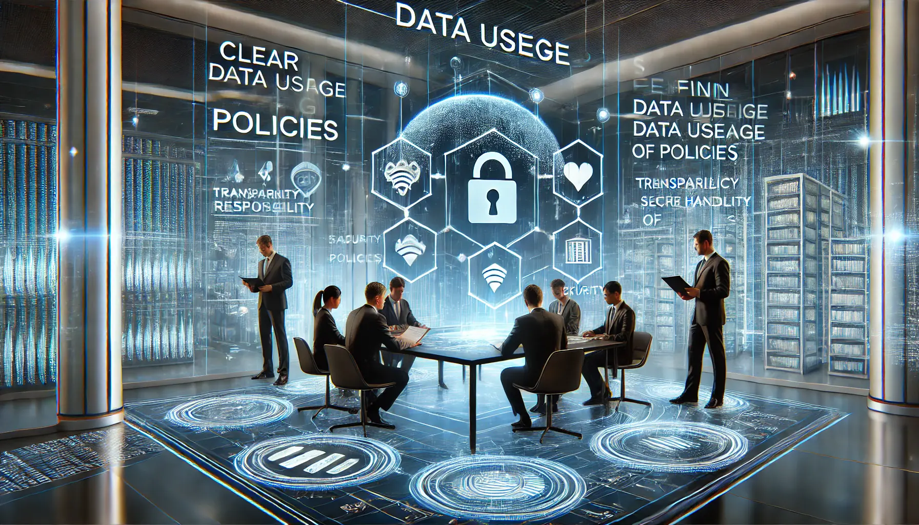 Professionals defining data usage policies in a futuristic workspace, with holographic documents and security icons.