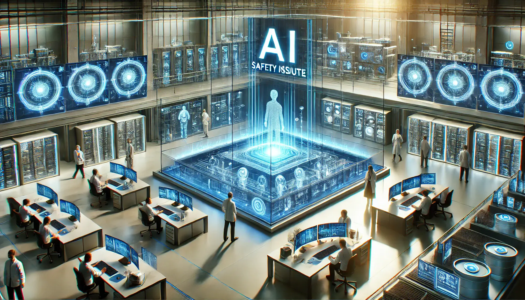 A futuristic digital scene depicting the establishment of AI safety institutes with advanced security systems and AI-driven labs.