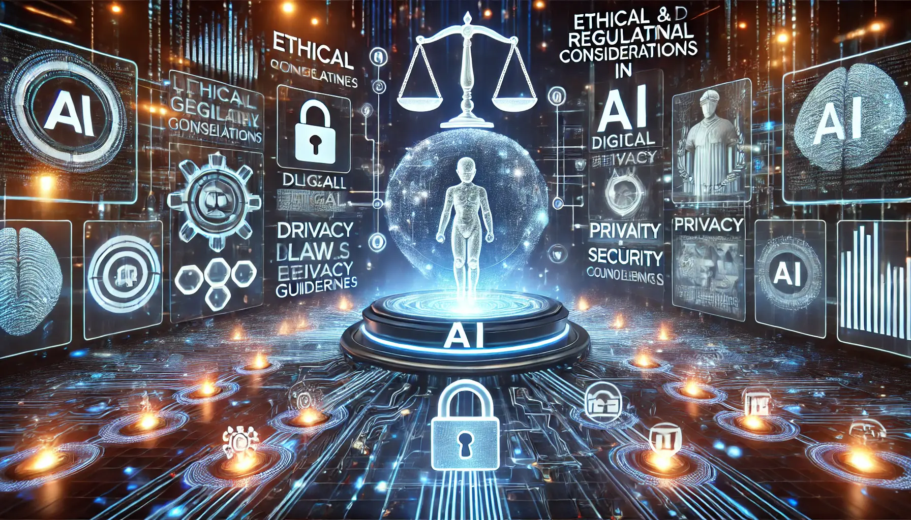 A high-tech visualization representing ethical and regulatory considerations in AI, featuring legal scales, privacy symbols, and holographic displays of laws and compliance markers.