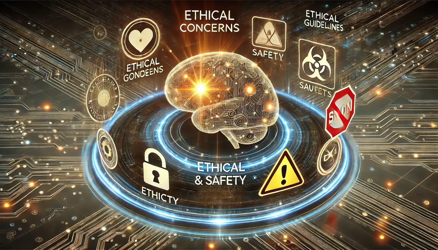 An AI core surrounded by digital shields and caution symbols, representing the importance of ethical guidelines and safety measures.