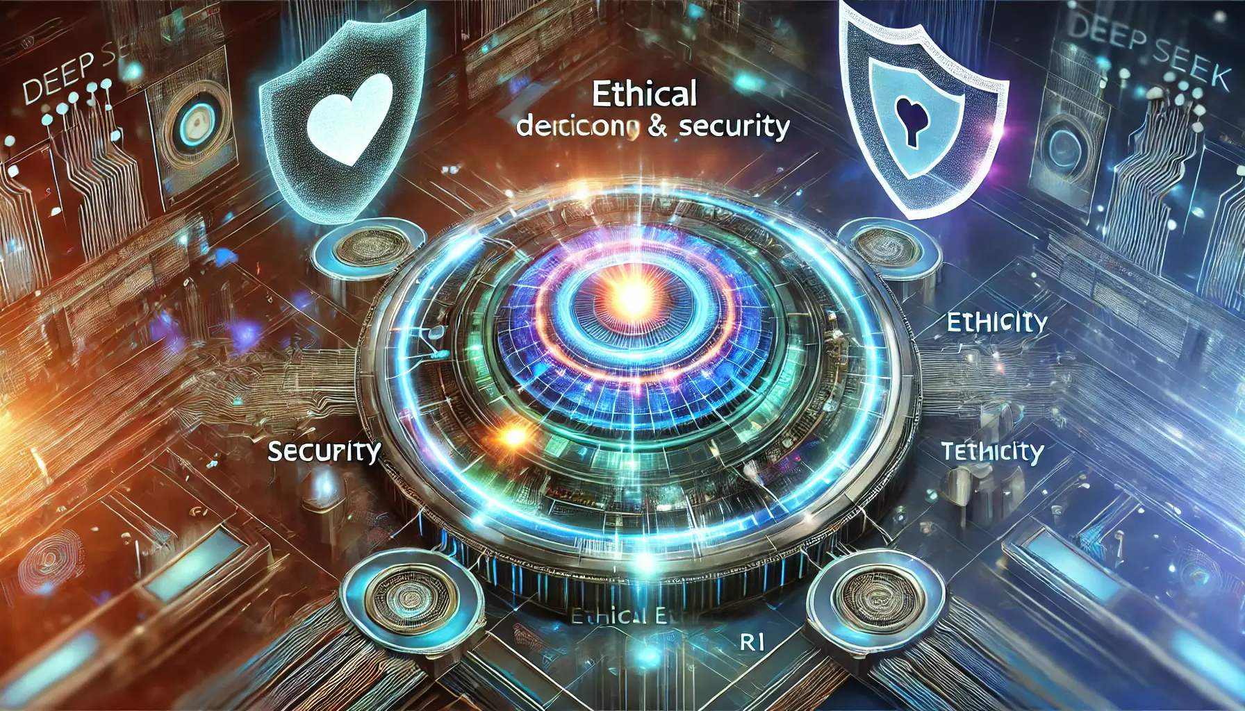 A glowing AI core surrounded by digital shields symbolizing security, with interconnected pathways representing ethical decision-making.