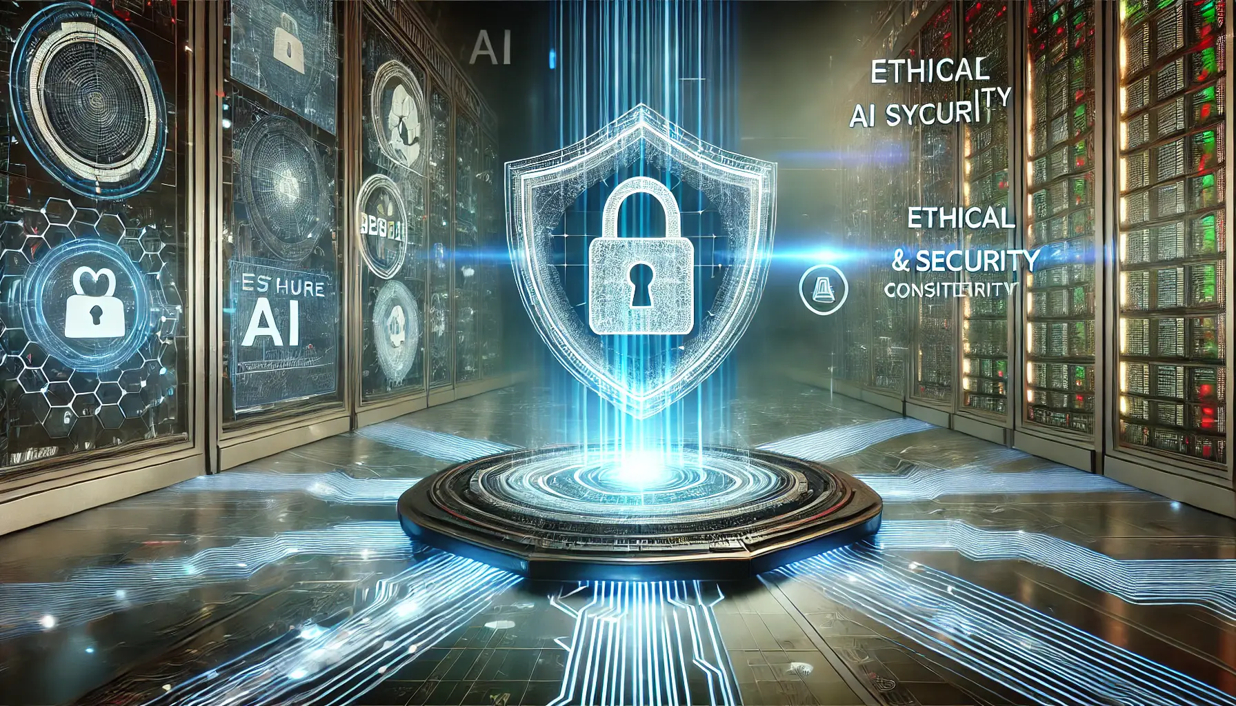 A high-tech digital environment with secure AI systems, holographic shields, and encrypted data streams representing ethical and security concerns.