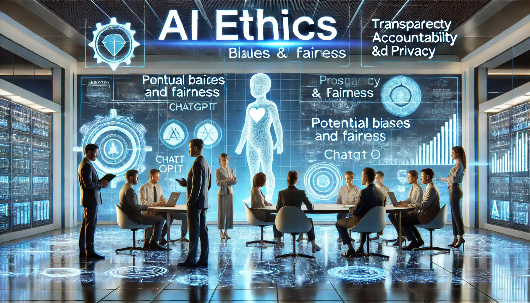 A futuristic AI ethics lab where professionals discuss the ethical challenges of AI, focusing on issues like bias, fairness, and transparency.