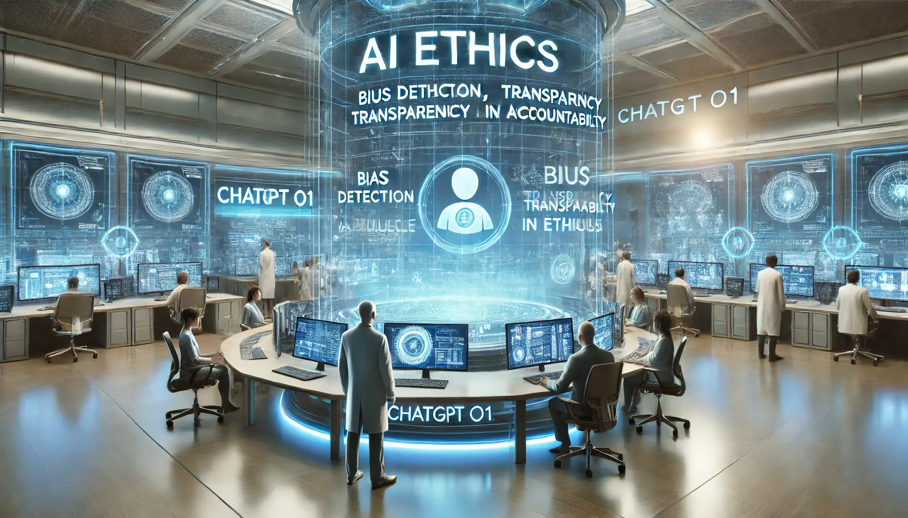 A futuristic AI ethics lab where scientists analyze ethical challenges related to ChatGPT o1, including bias detection and transparency, with digital screens displaying complex dilemmas.