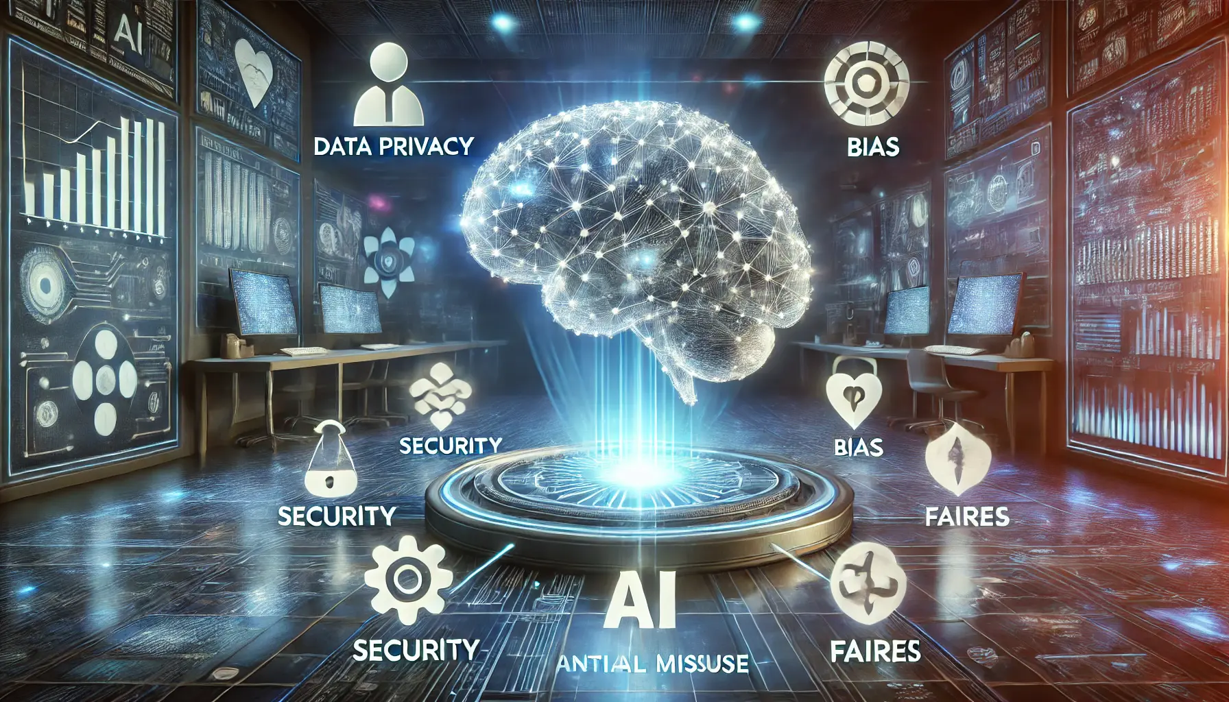 A futuristic AI system surrounded by visual representations of data privacy, bias, fairness, and ethical challenges.