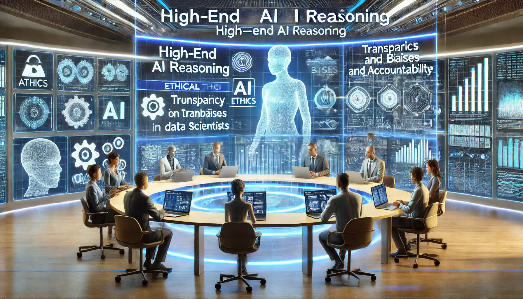 A high-tech ethical decision-making lab with AI systems processing complex data while an ethical committee assesses AI outputs, focusing on transparency, fairness, and accountability.