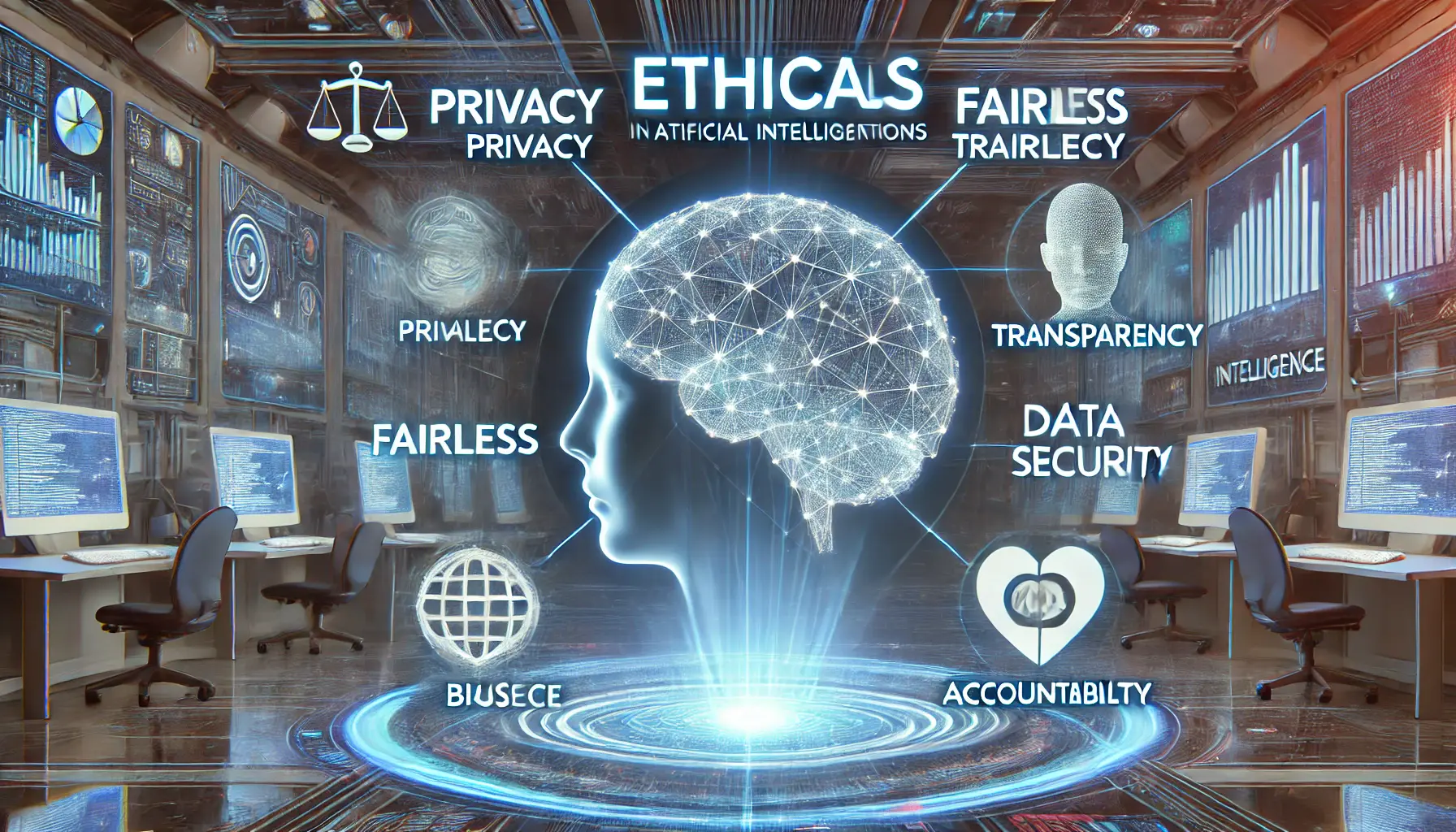 A futuristic depiction of ethical considerations in AI, featuring a neural network surrounded by holographic representations of privacy, fairness, and transparency.