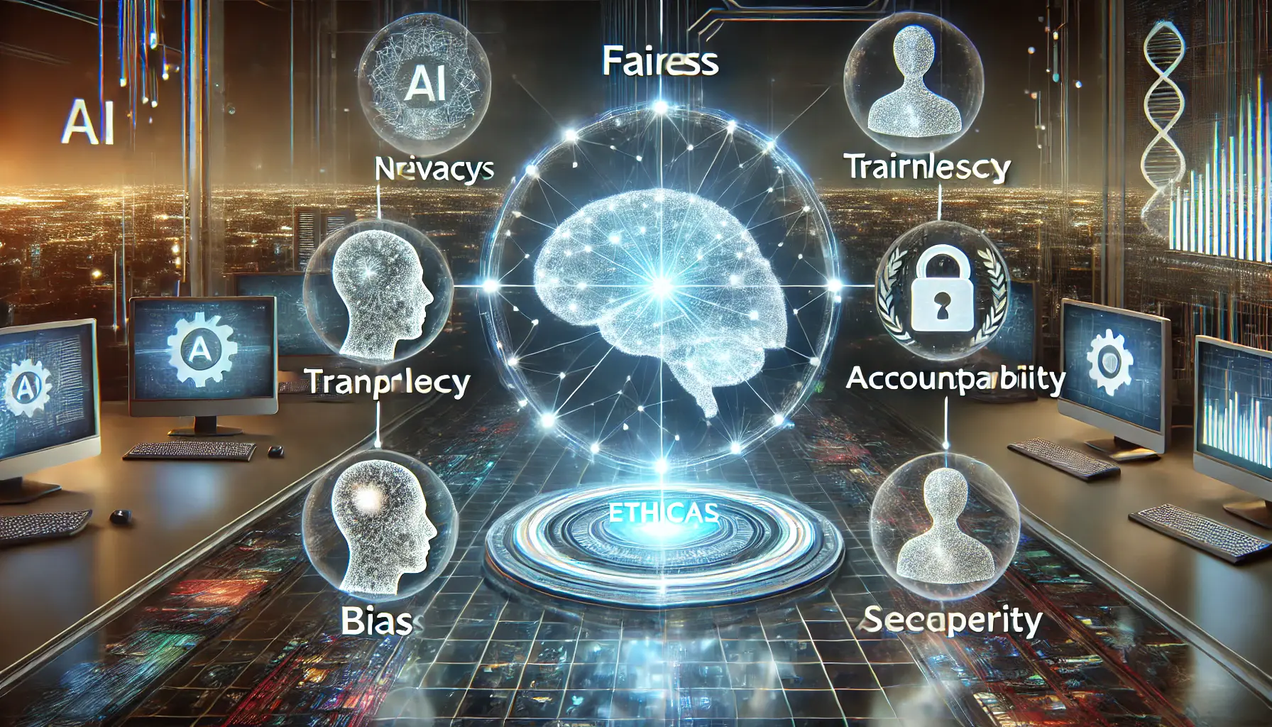 A futuristic depiction of ethical considerations in AI, with a glowing neural network surrounded by holographic representations of privacy, fairness, and transparency.