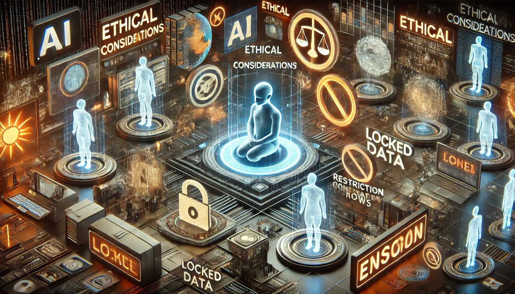 A conceptual depiction of ethical considerations and censorship in AI systems, featuring an AI model surrounded by digital barriers, filters, and symbols representing ethical dilemmas.