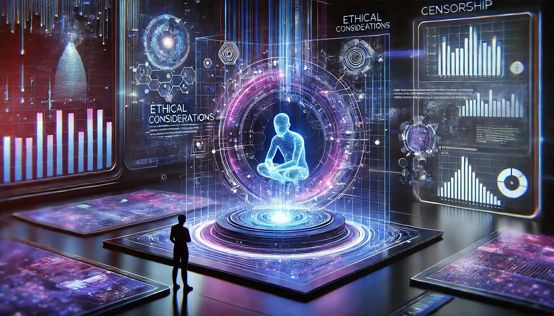 A futuristic holographic AI model surrounded by a digital barrier, symbolizing censorship and ethical considerations in AI.