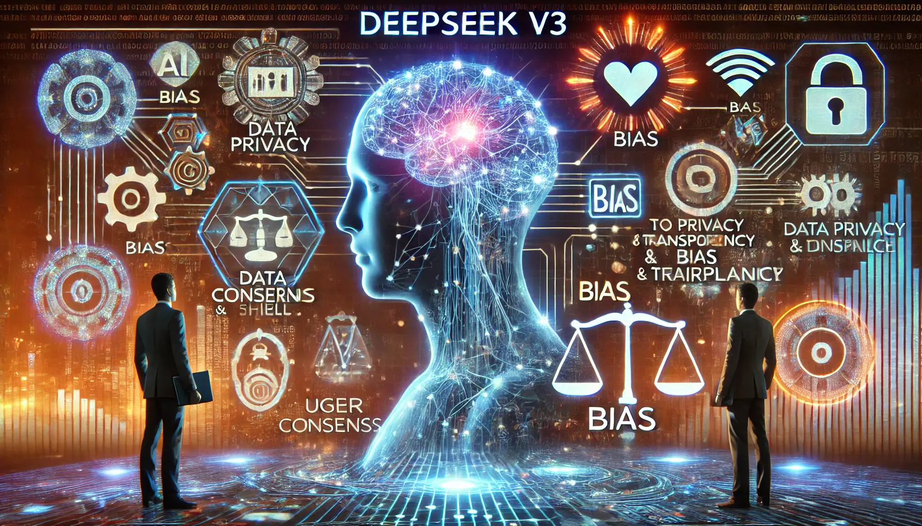 A futuristic AI system analyzing ethical dilemmas in digital marketing, such as privacy, bias, and fairness, with glowing neural networks processing data on user consent and transparency.