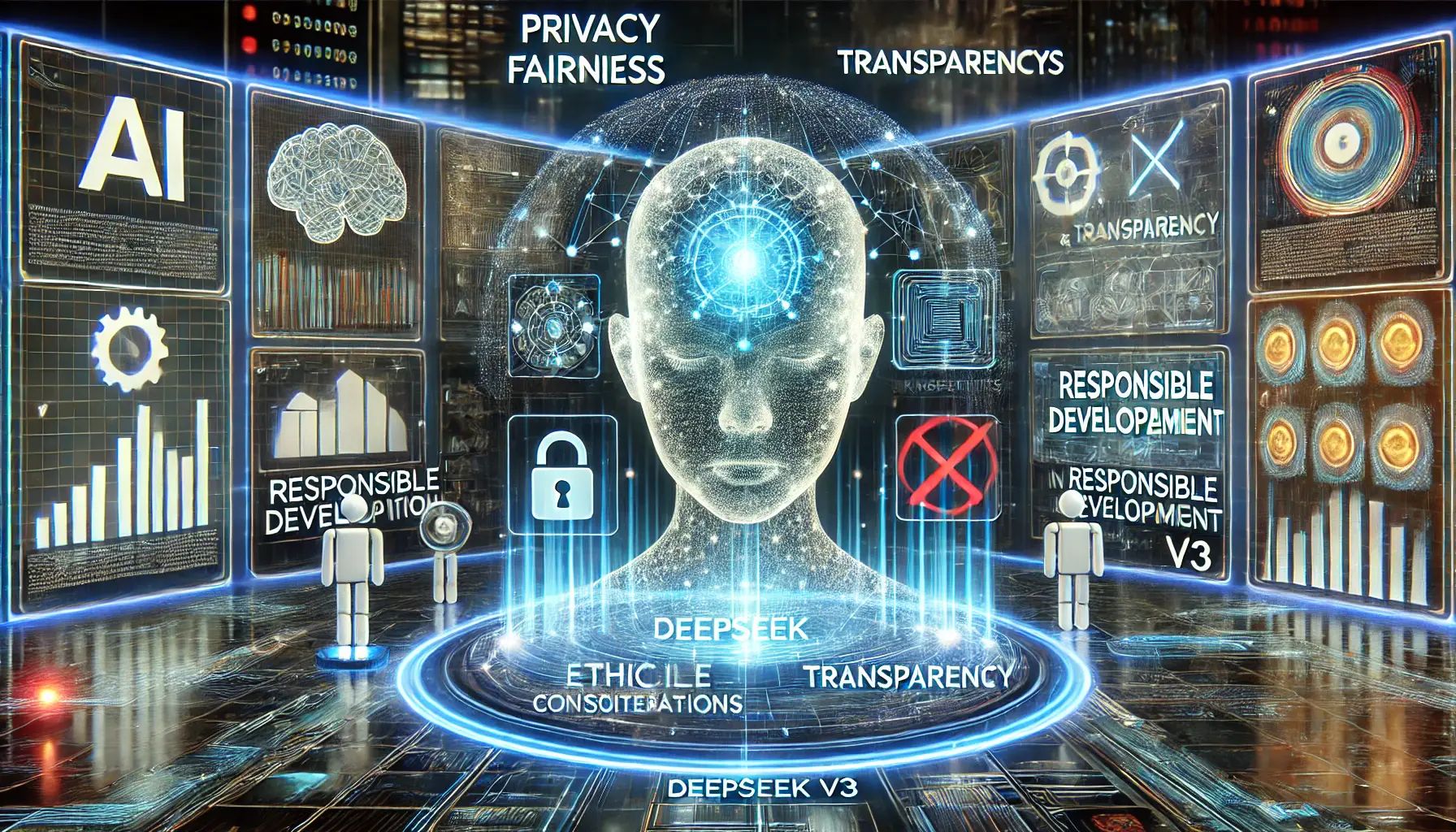 A futuristic depiction of ethical considerations and future prospects for DeepSeek v3, featuring AI models with holographic data streams symbolizing innovation and ethical challenges.