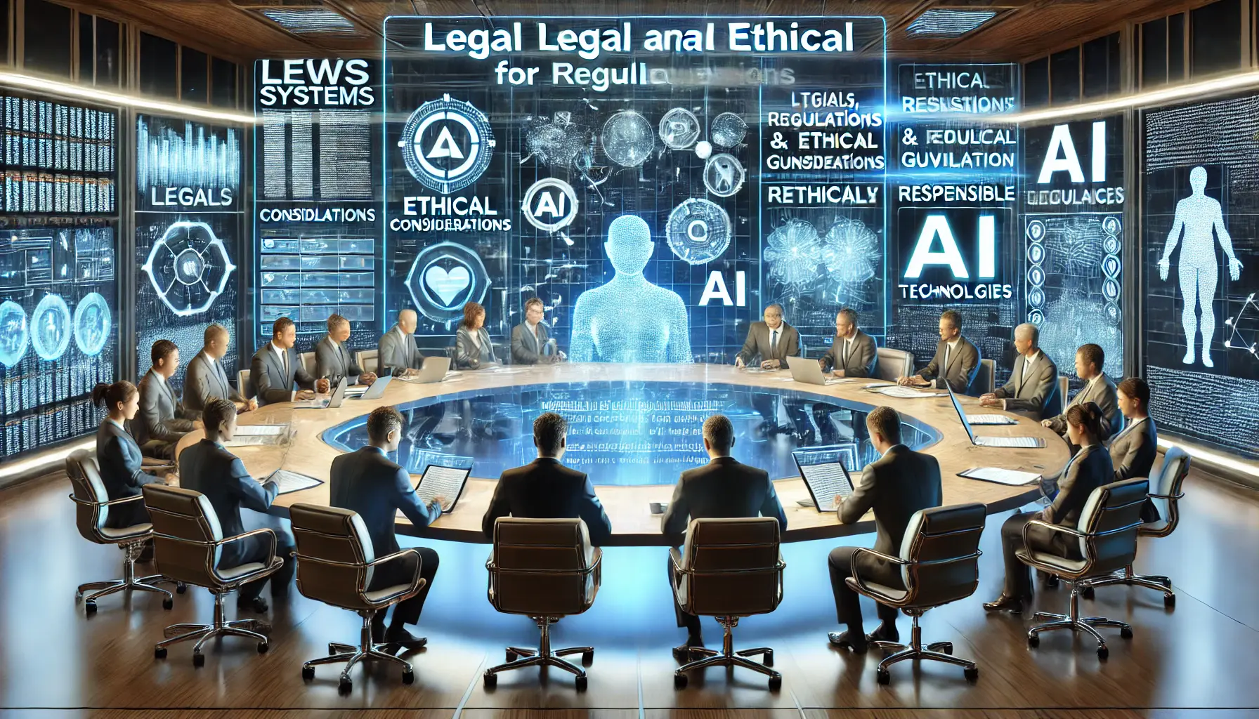 A futuristic conference room where professionals analyze AI systems under ethical and regulatory scrutiny.