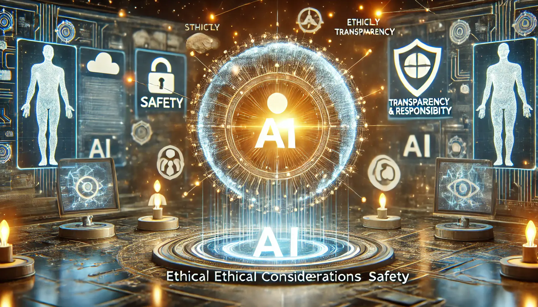 A digital representation of ethical considerations and safety in AI, with protective elements surrounding a glowing AI system.