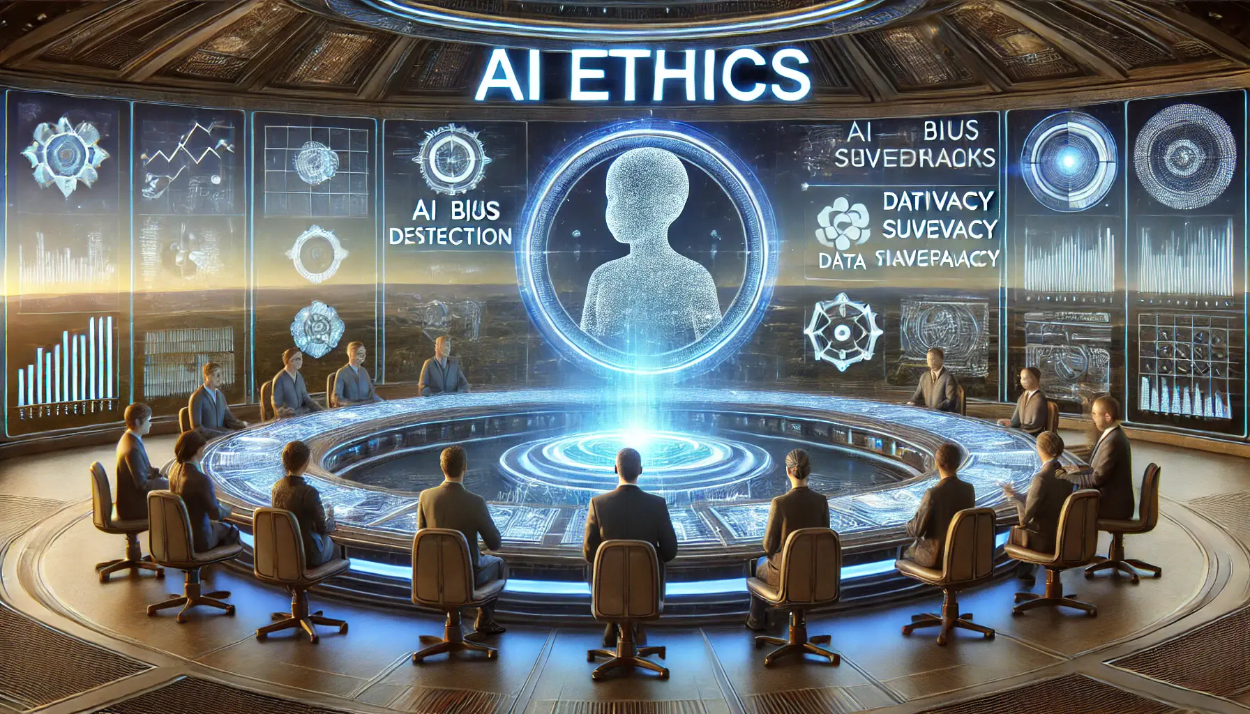 Futuristic AI ethics panel analyzing decision-making processes with holographic displays of bias detection, data privacy, and transparency.