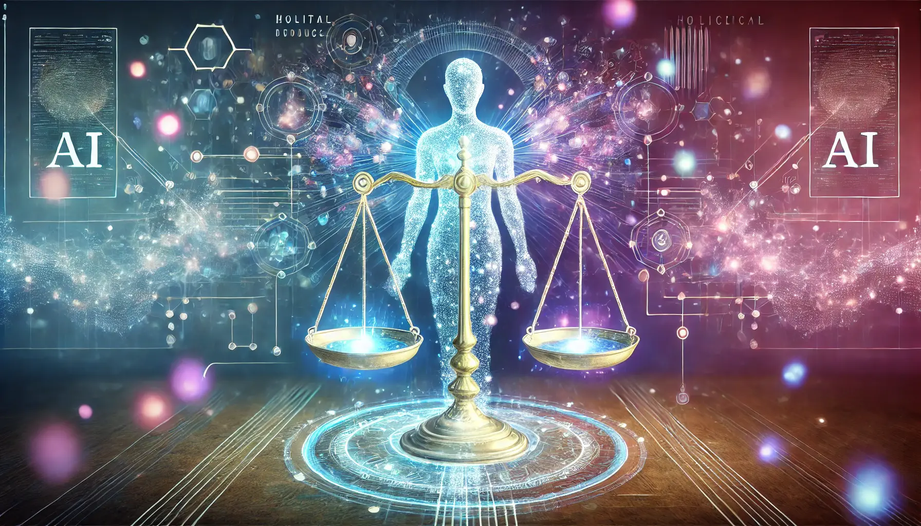 A glowing AI system surrounded by digital scales of justice symbolizing fairness, responsibility, and ethical decision-making.