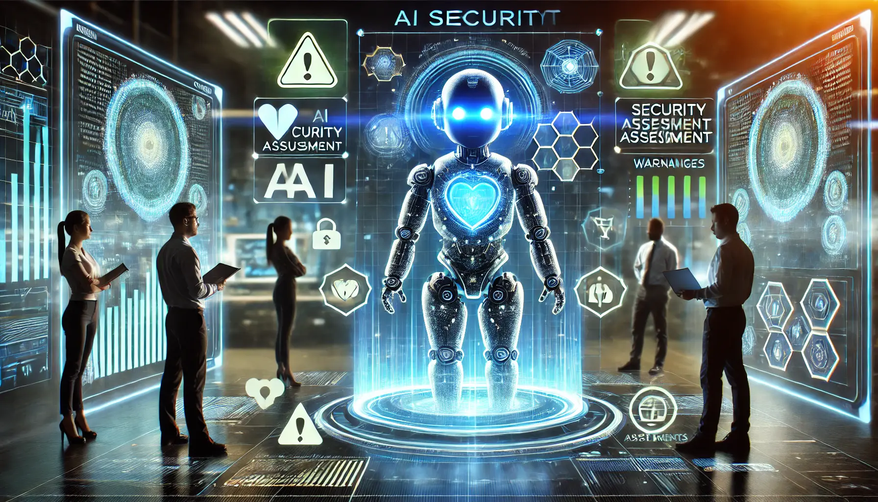 A futuristic AI security assessment scene with a holographic AI model being analyzed for vulnerabilities and safety measures.