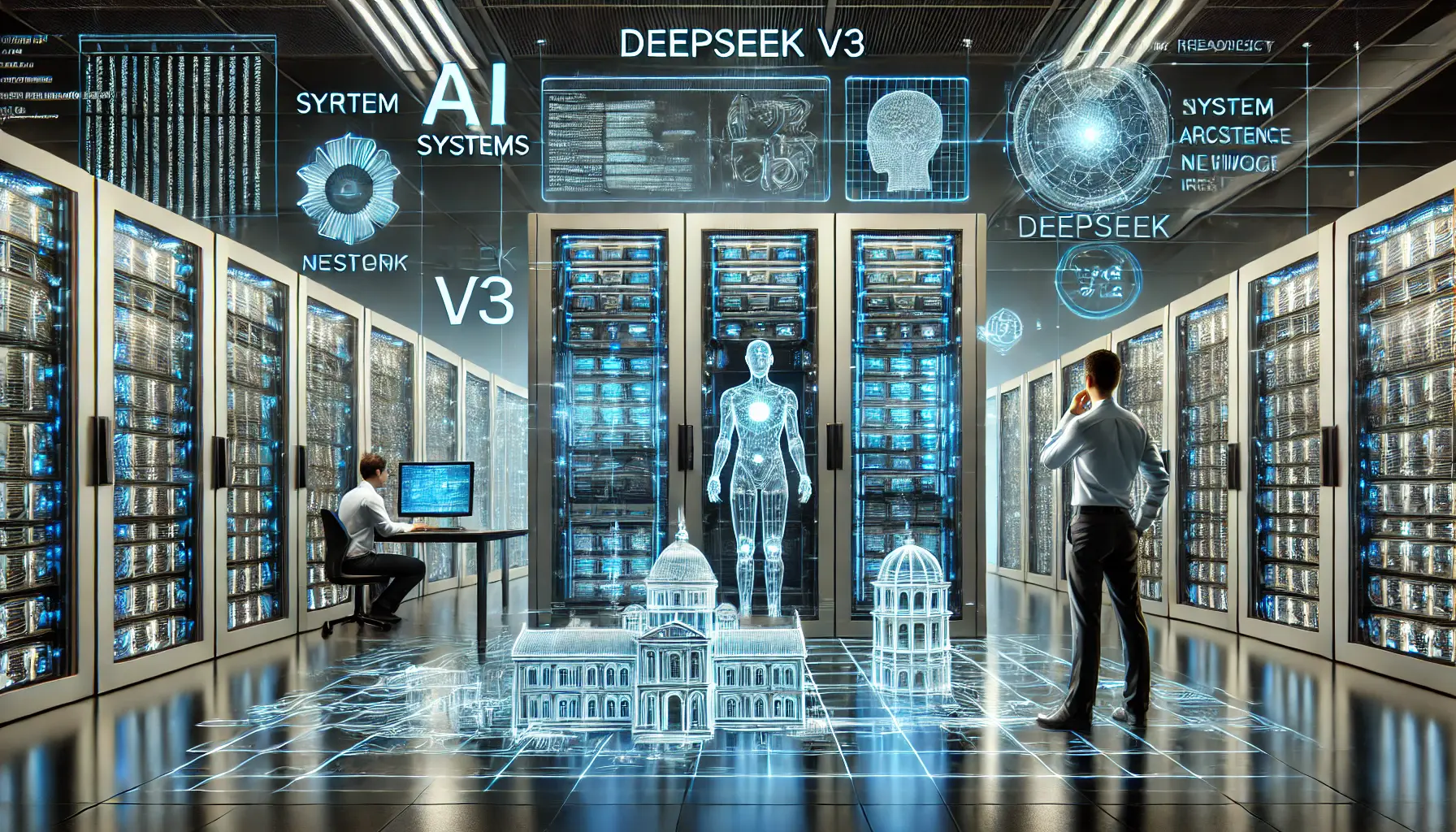 A futuristic IT workspace where professionals analyze high-tech server racks, AI systems, and network architecture using holographic data displays.