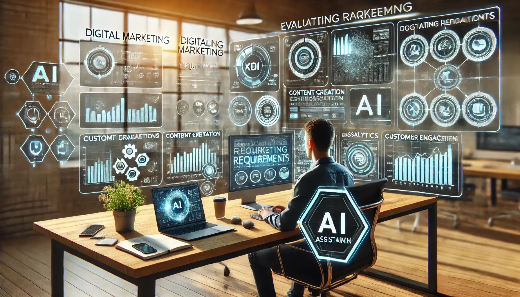 A digital marketing workspace where a marketer evaluates their marketing requirements using AI-powered tools. The workspace features dashboards displaying KPIs, content creation metrics, and customer engagement analytics.