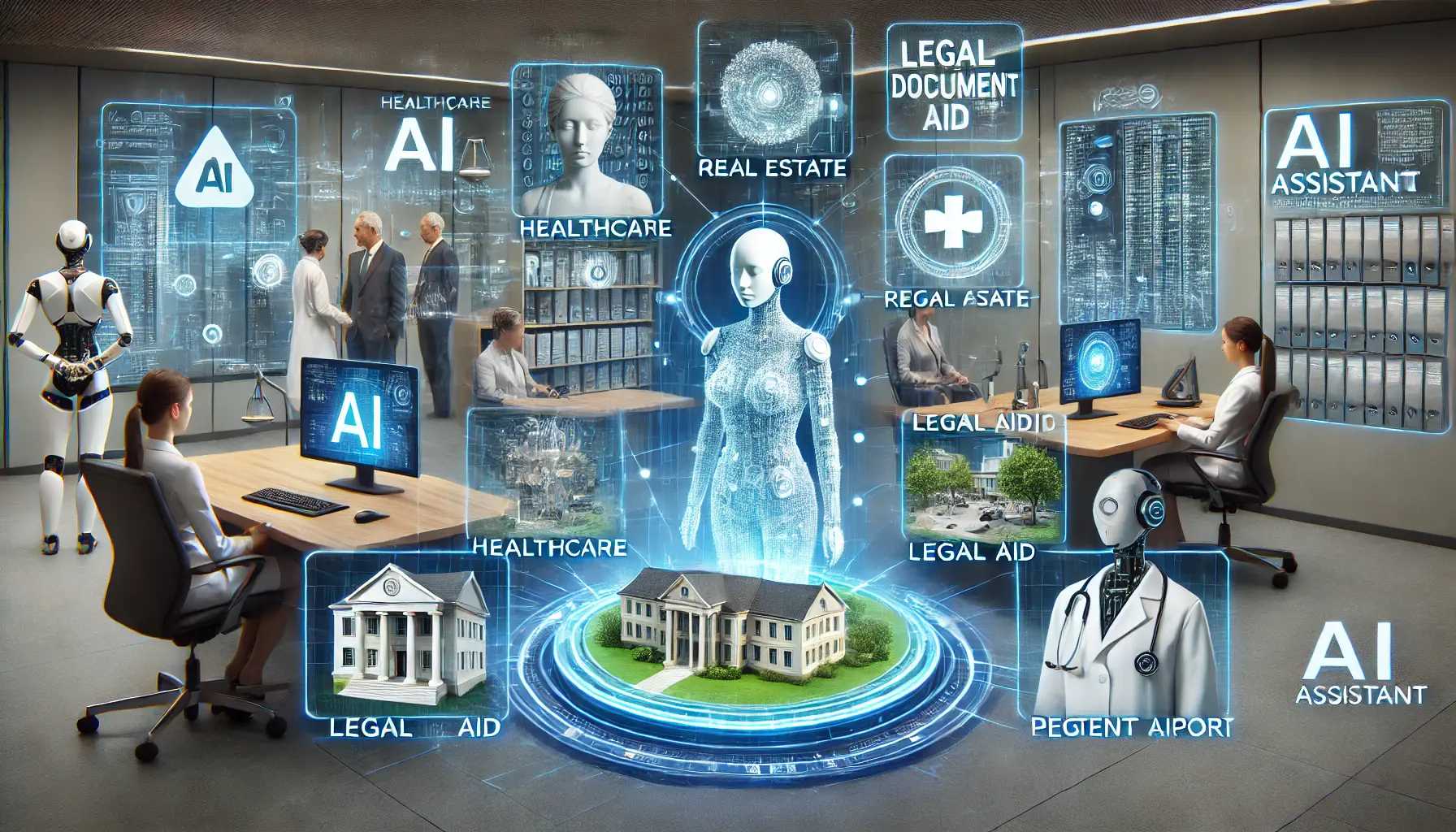 A futuristic AI assistant managing tasks across multiple industries such as healthcare, real estate, legal aid, and education through holographic interfaces.