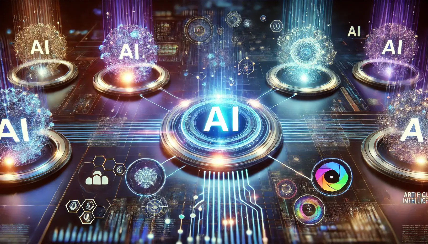 A visual representation of various AI competitors with glowing AI cores connected by digital pathways, surrounded by data streams and algorithmic visualizations.