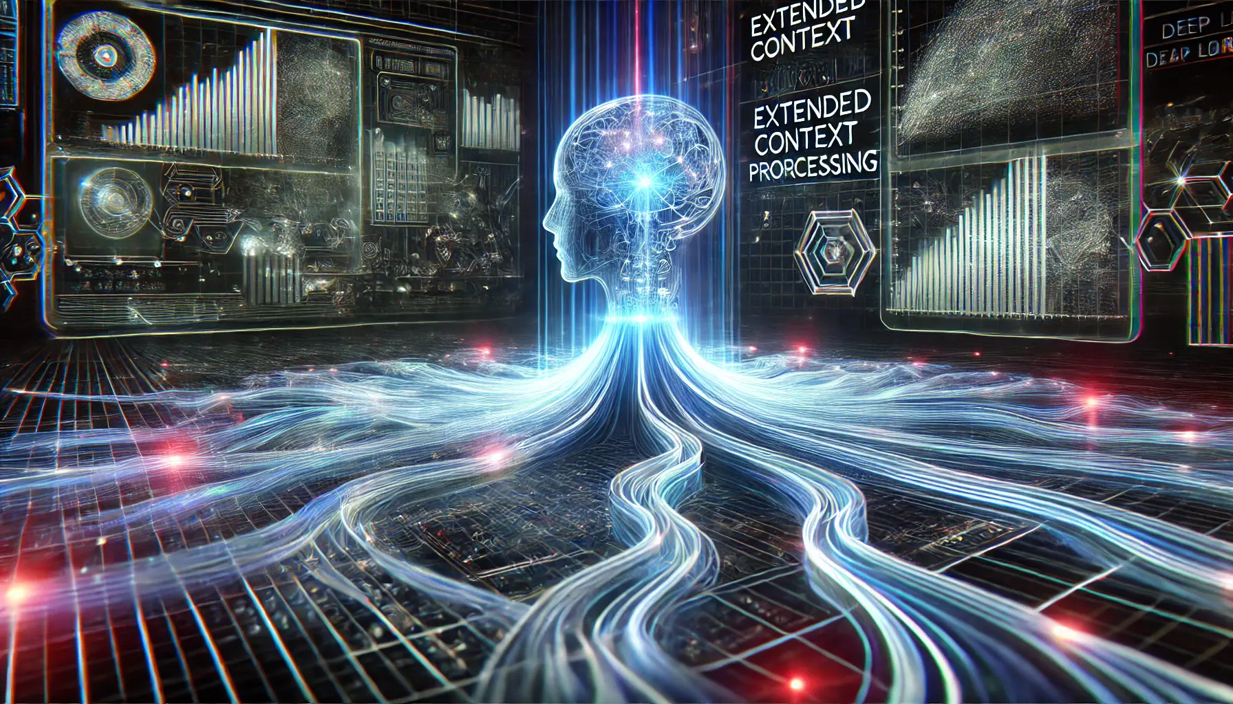 A futuristic digital representation of AI processing extended contexts, with glowing data streams flowing through deep learning models.