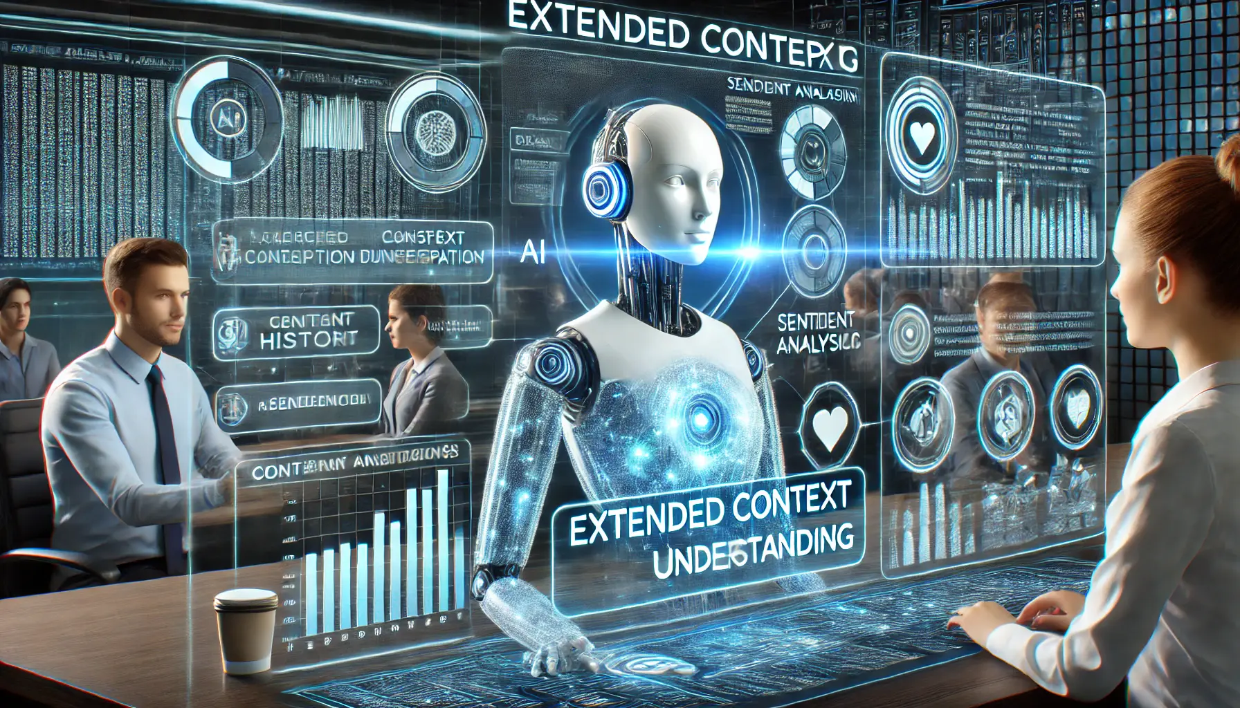 A futuristic AI-powered digital assistant analyzing a long conversation thread, processing past interactions, and providing accurate, context-aware responses through a high-tech holographic interface.