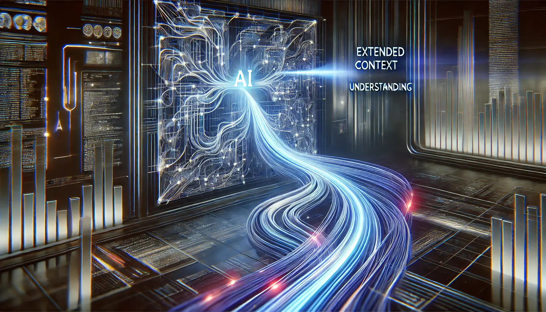 A futuristic AI visualization depicting an advanced neural network processing long-form content with interconnected glowing data streams, symbolizing the AI's ability to handle extended inputs.