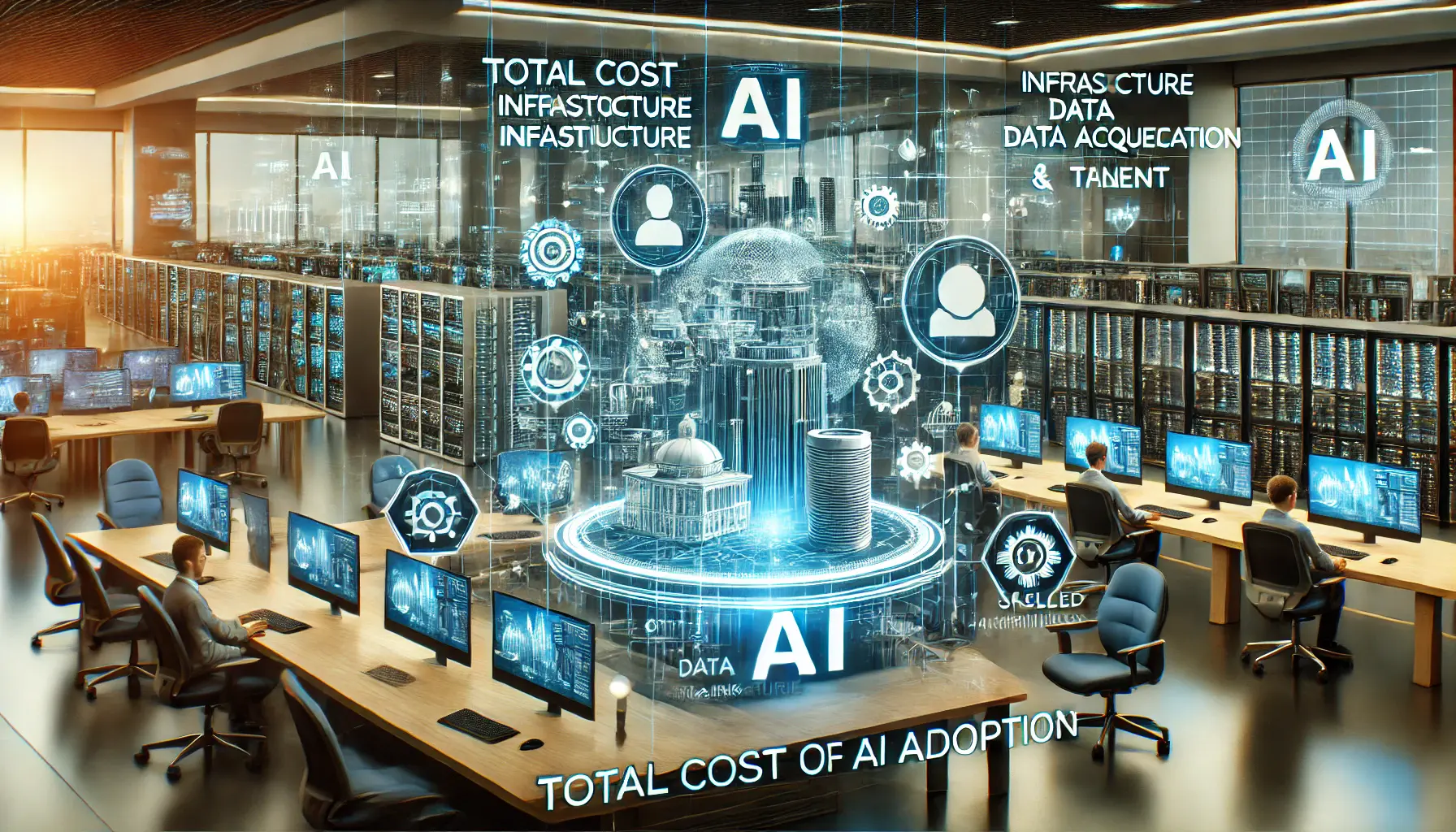 A high-tech business environment showcasing the factors influencing the total cost of AI adoption, such as infrastructure, data acquisition, and talent.