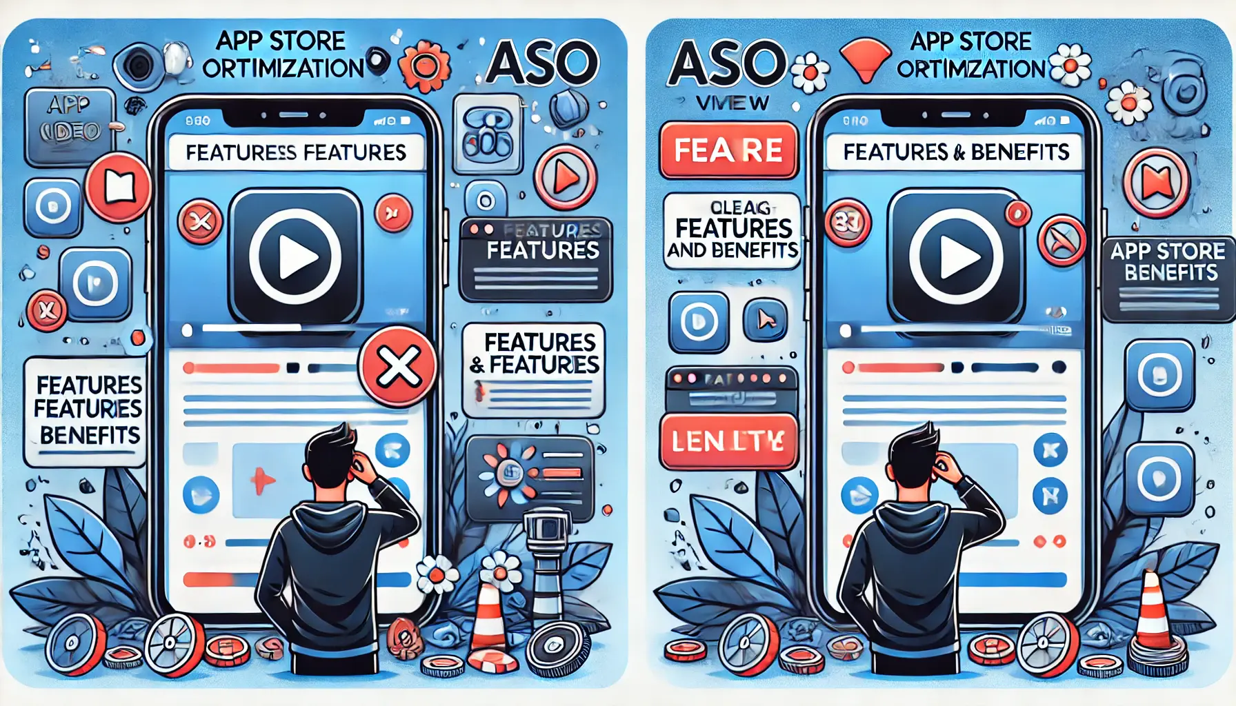 A digital illustration comparing two app preview videos—one clearly highlighting features and benefits, and the other failing to demonstrate key functionalities.