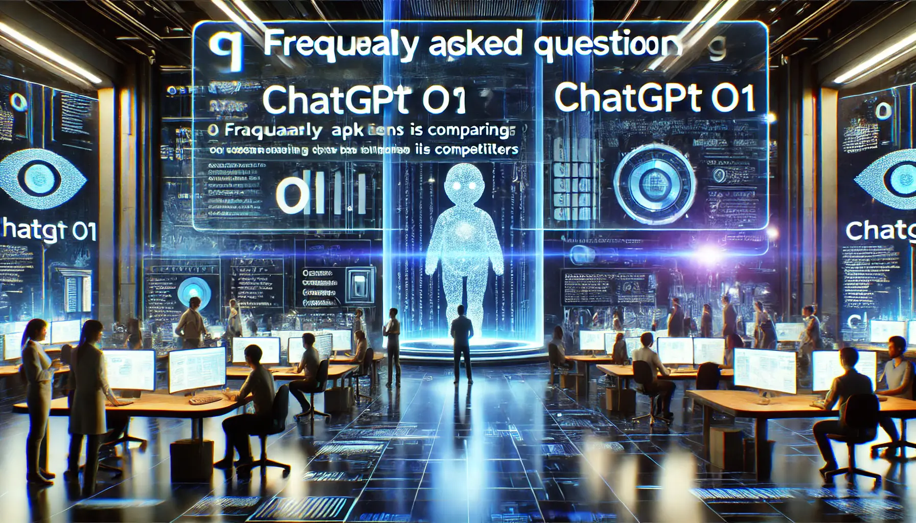 A futuristic tech environment where engineers address frequently asked questions comparing ChatGPT o1 and other AI models, with holographic displays showing comparisons.