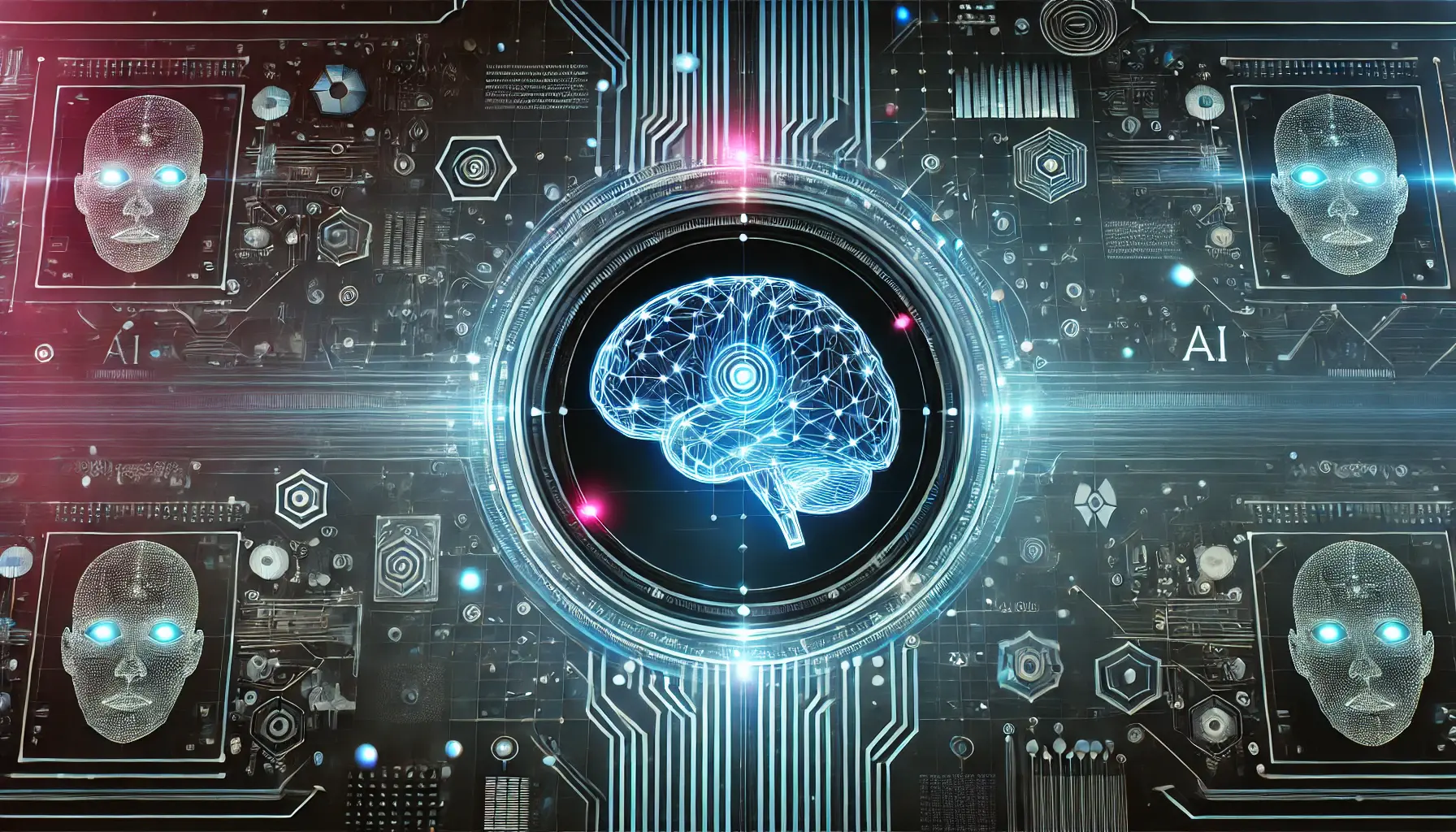 A futuristic AI interface with a sleek digital brain surrounded by holographic data and neural connections.