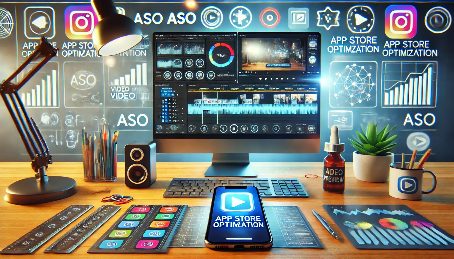 A digital illustration of an ASO video production workspace with a large monitor displaying a video editing timeline, app icons, analytics graphs, and a smartphone screen showcasing an app store preview video.