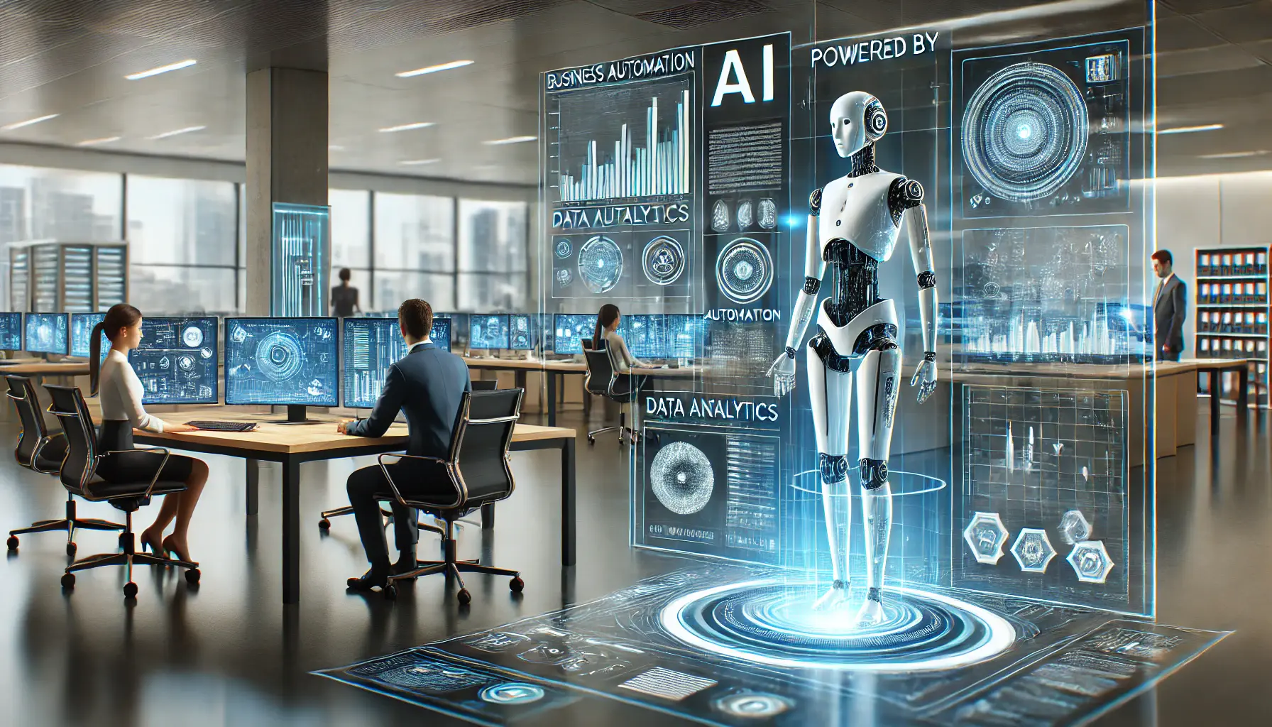 A futuristic AI-powered workspace featuring holographic displays and automation systems in a high-tech office environment.