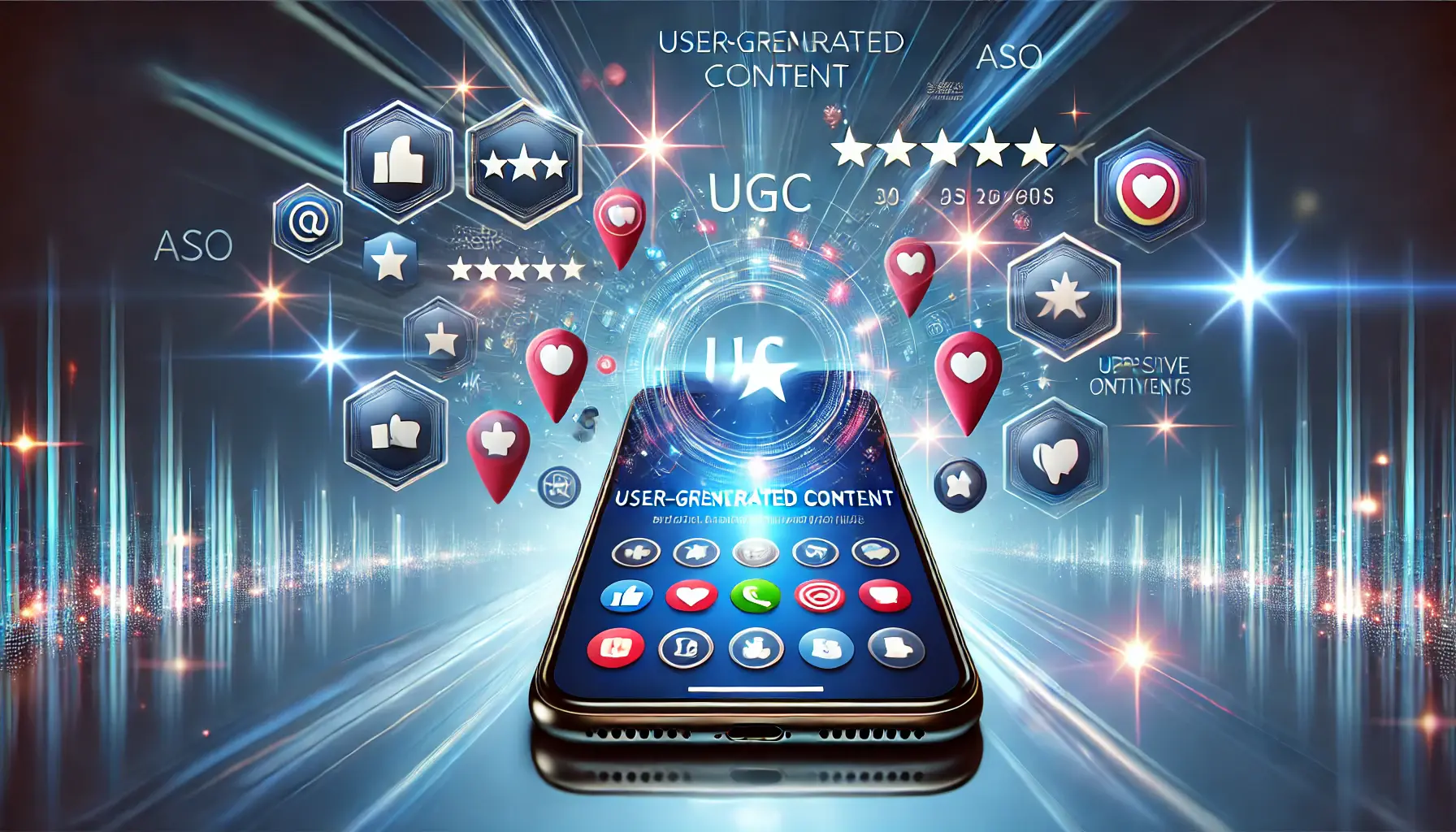 A futuristic digital marketing concept illustrating user-generated content (UGC) for app store optimization (ASO), featuring a smartphone with floating app reviews, star ratings, and user-uploaded images.