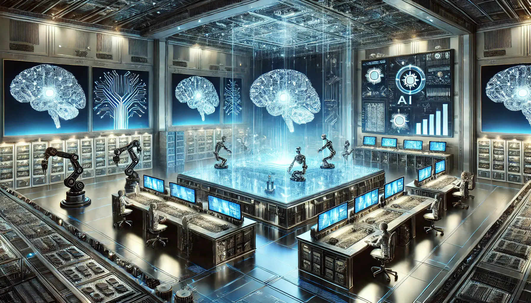 A futuristic AI research facility with glowing neural networks, robotic arms assembling microchips, and advanced computer screens displaying AI-generated data.