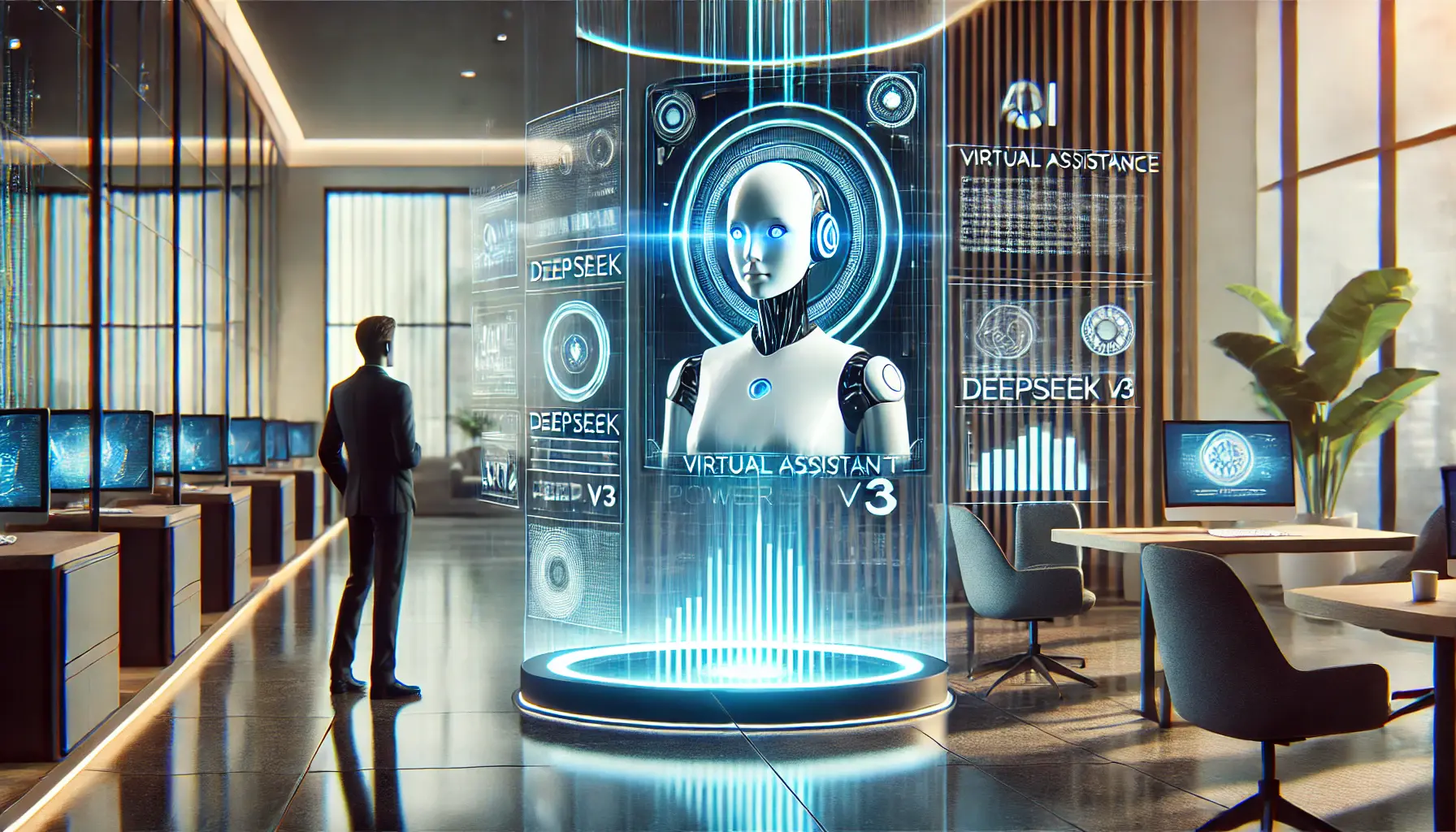 A futuristic AI-powered customer service interface with a holographic virtual assistant interacting with a customer in a modern office setting.