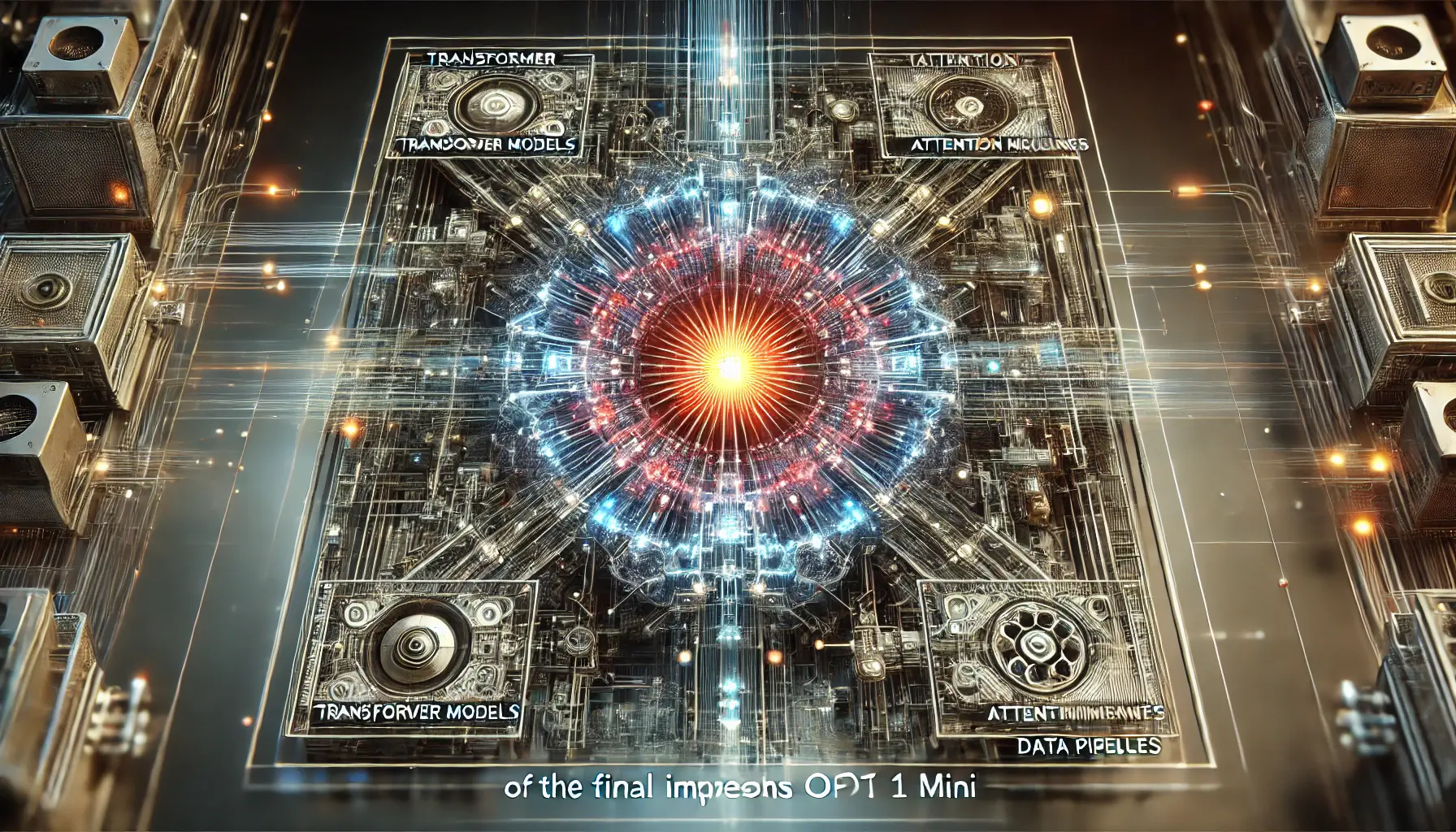 A high-tech representation of the final impressions of ChatGPT o1 Mini's technical architecture, with interconnected neural network layers and glowing data flows.