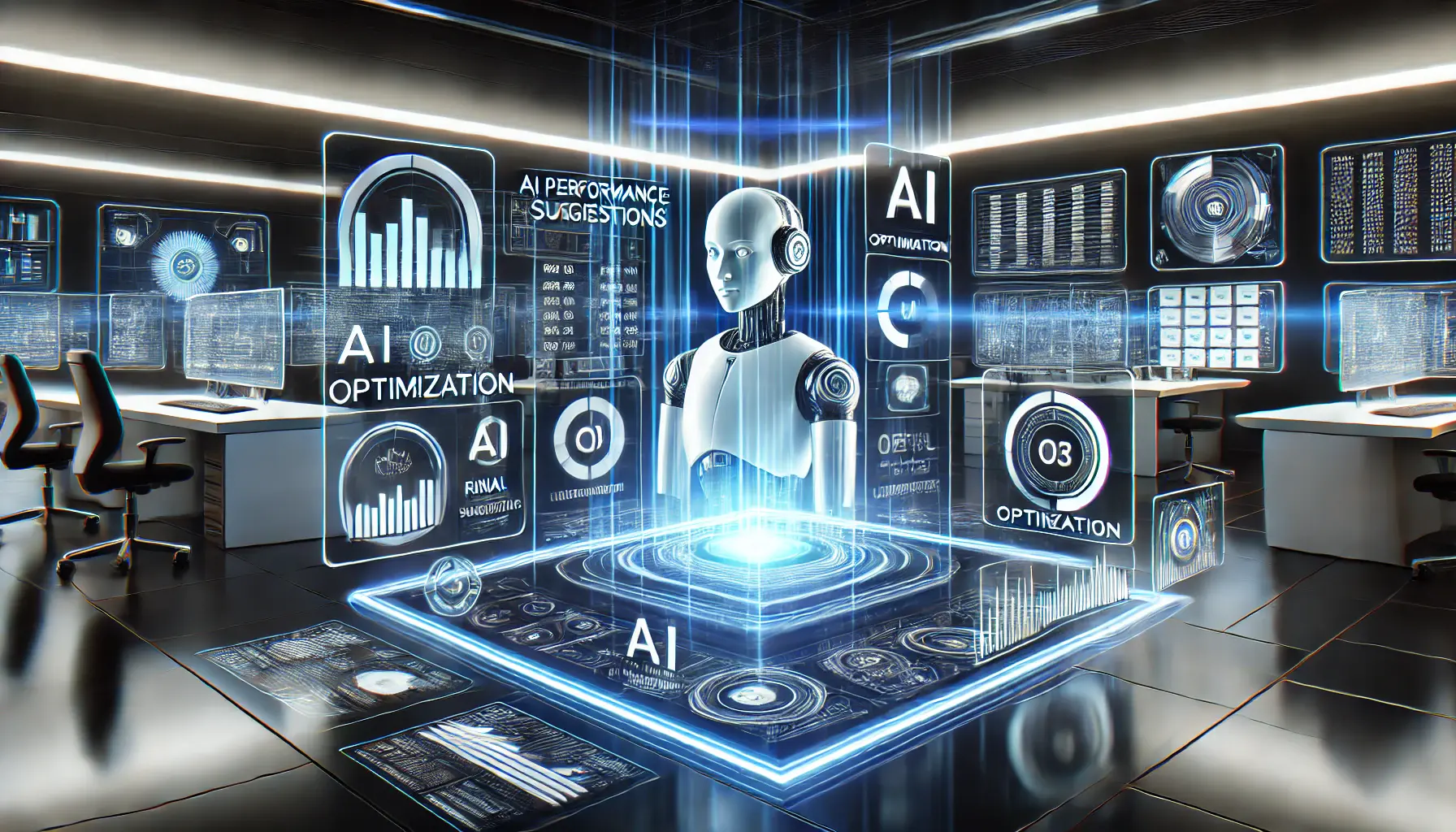 A futuristic tech environment showing the final steps of optimizing an AI-powered chatbot, with holographic screens displaying performance metrics and real-time adjustments.