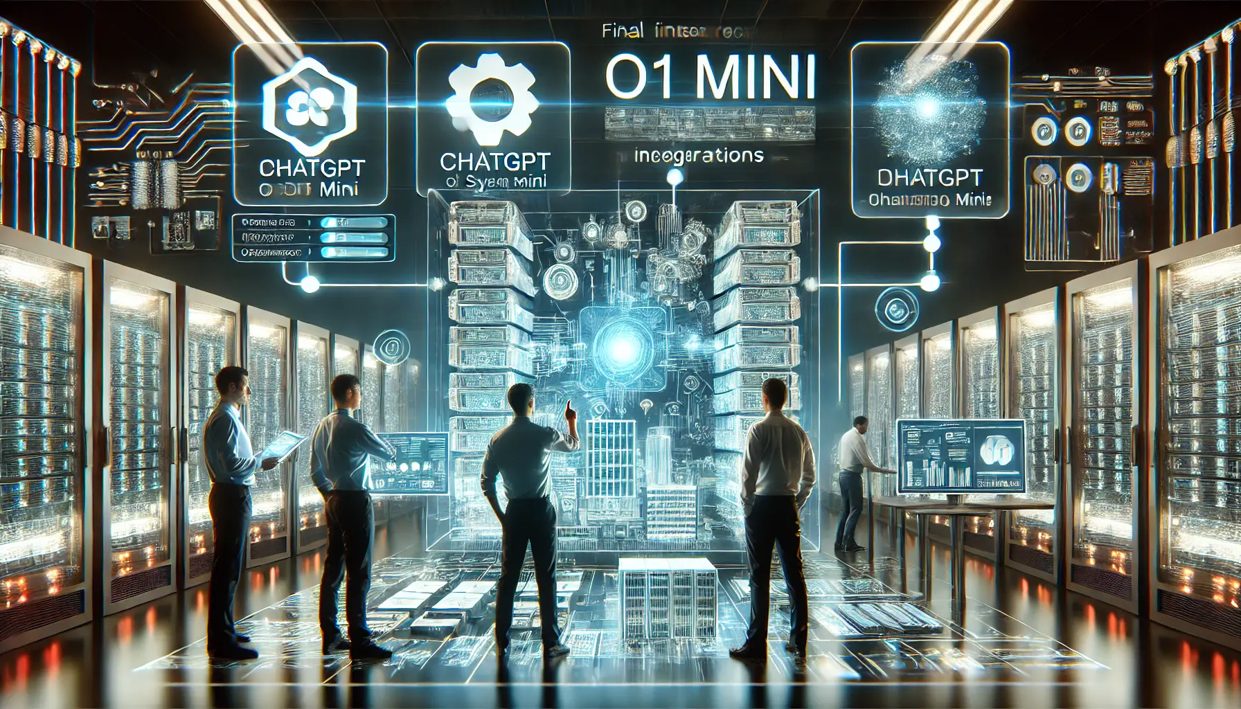 Engineers reviewing and making final recommendations for ChatGPT o1 Mini integration, with holographic displays showing system readiness and optimization.