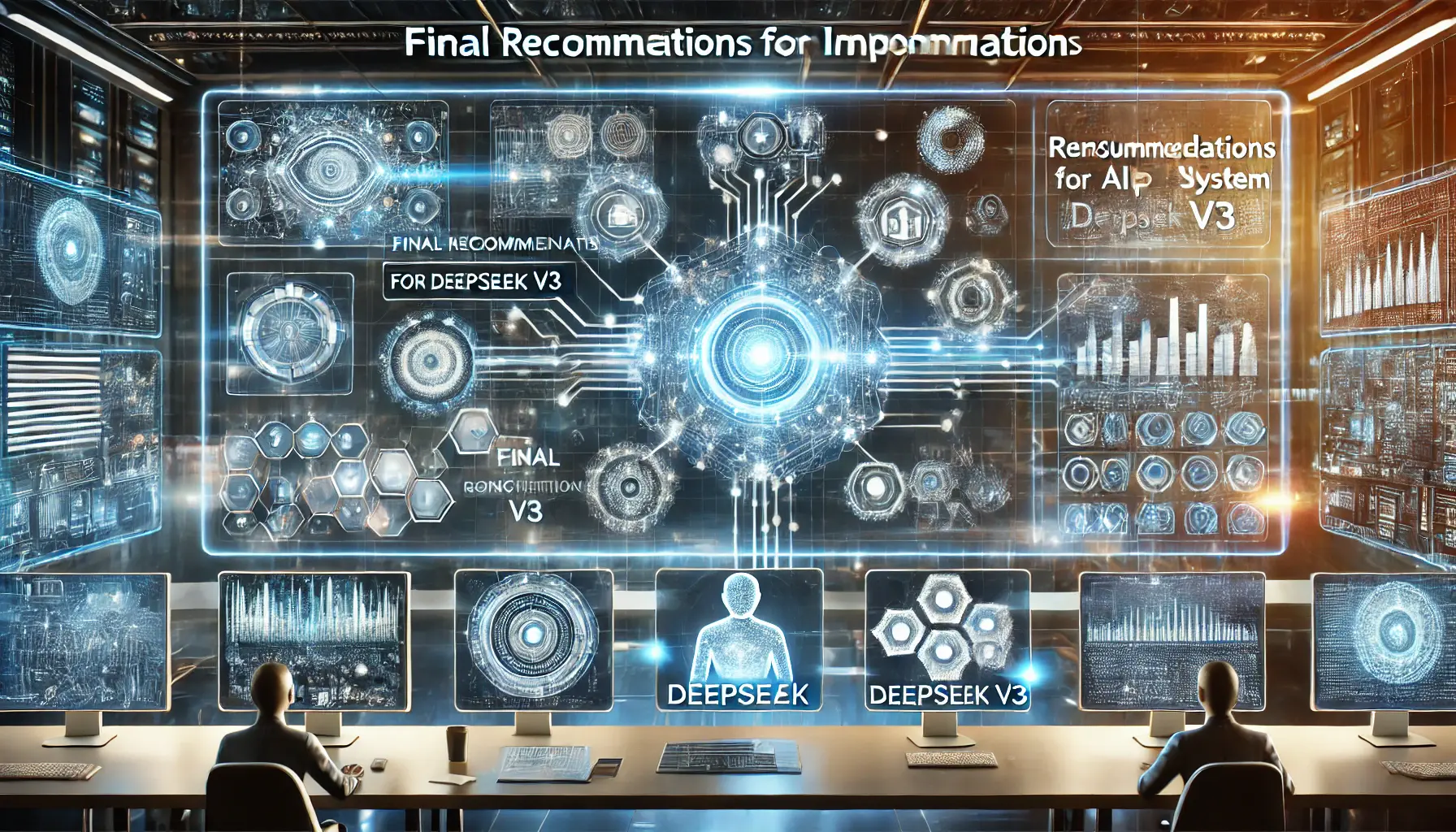 A futuristic digital workspace showcasing strategic planning, glowing data streams, and interconnected AI systems, symbolizing final recommendations for DeepSeek v3 integration.