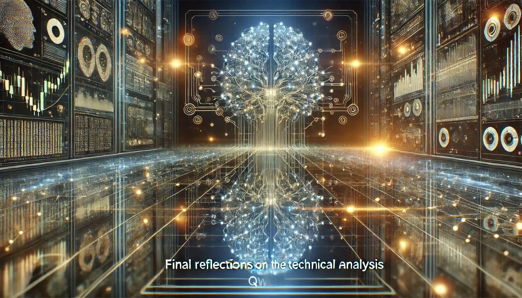 A futuristic digital representation of Qwen's technical analysis, showcasing a neural network surrounded by glowing data streams and interconnected nodes.