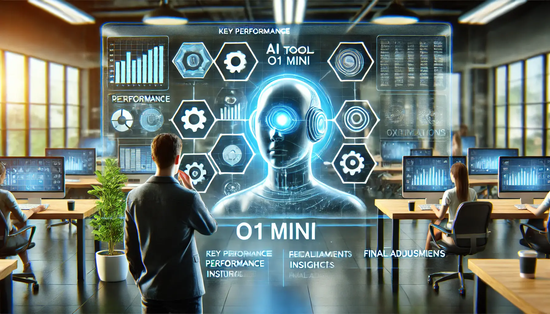 A digital marketing workspace where a marketer reflects on the impact of AI tools like ChatGPT o1 Mini on their strategy. The workspace displays key performance insights and final campaign adjustments.