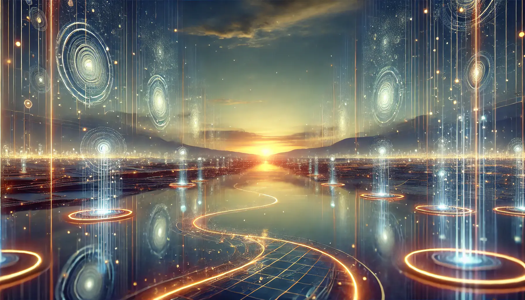 A serene digital landscape with glowing AI systems and a tranquil pathway leading toward the horizon, symbolizing reflection and future possibilities.