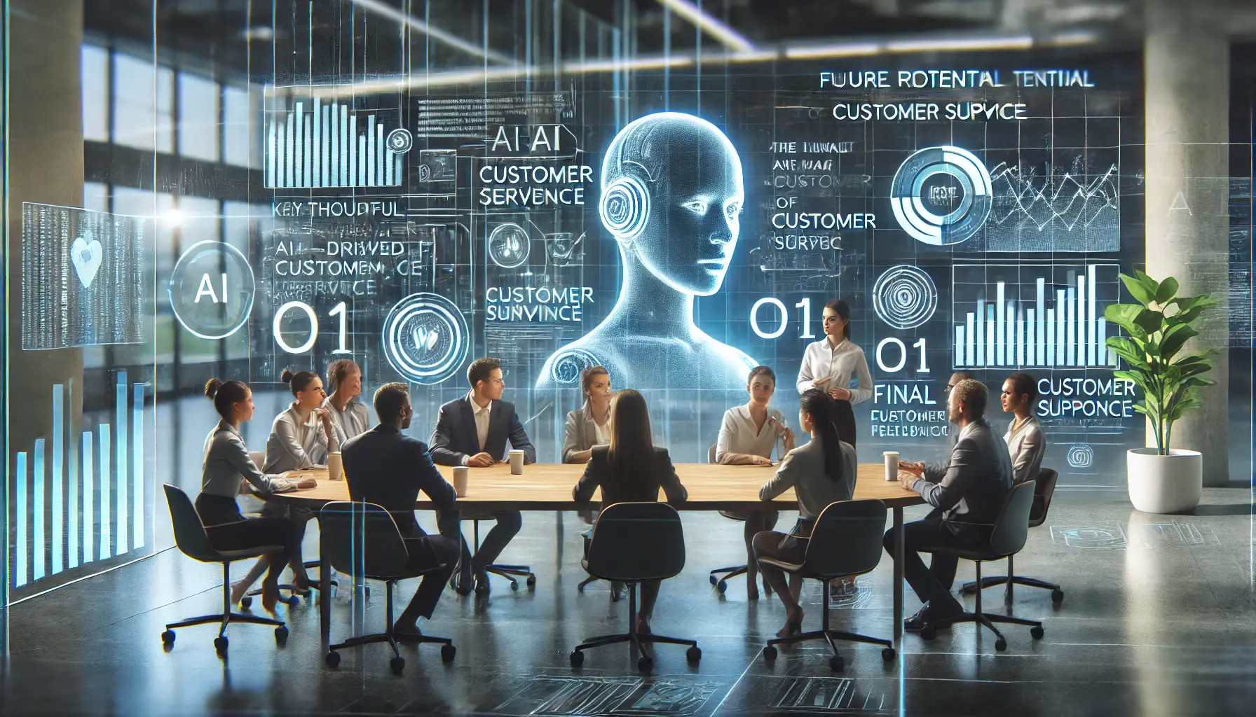 A calm customer service environment where professionals reflect on the future potential of AI in customer support, with holographic displays showing key data and trends.