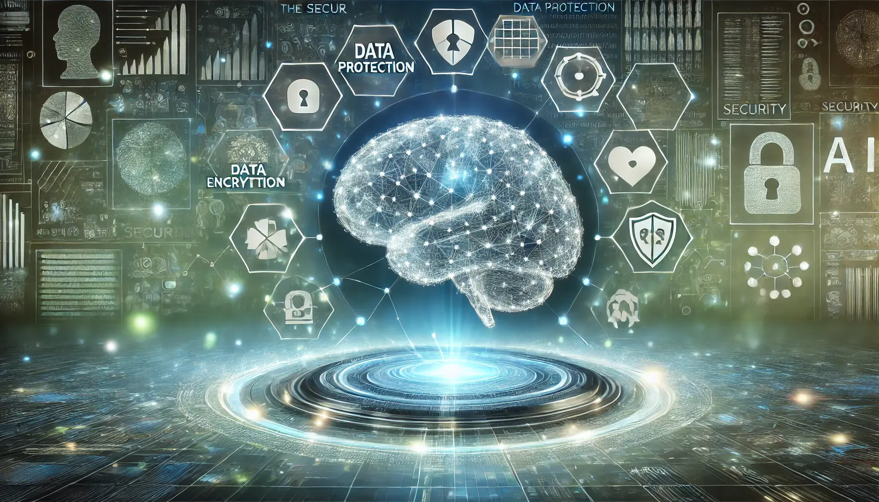 A digital concept featuring a secure AI brain surrounded by data protection, encryption symbols, and a stable, high-tech environment.