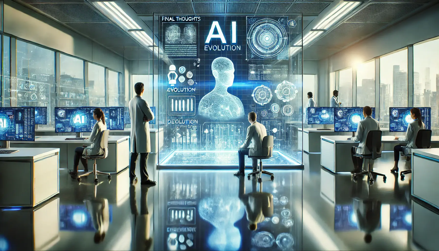 A futuristic AI research lab reflecting on AI's evolution and its future.