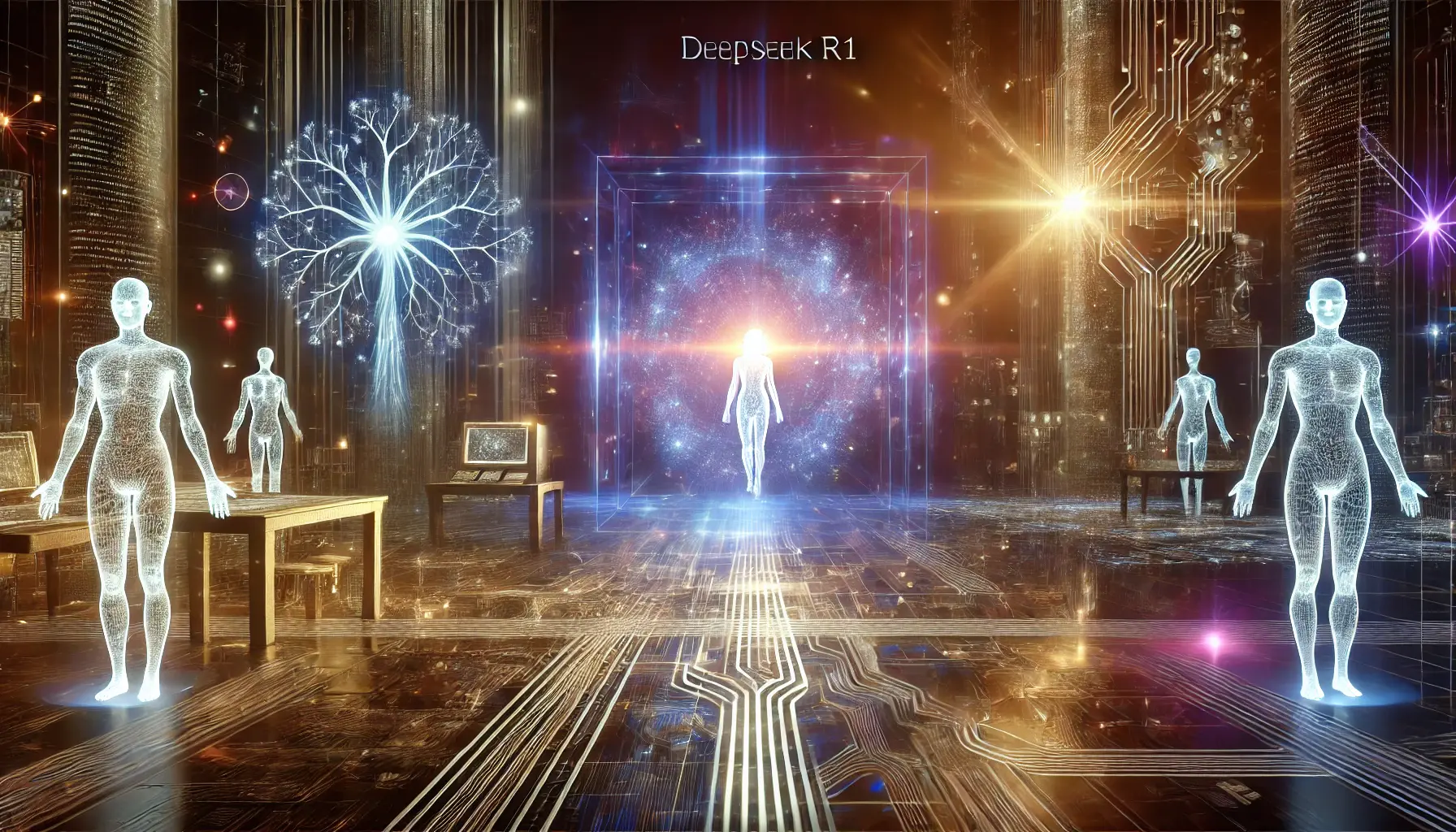 A futuristic depiction symbolizing final thoughts on DeepSeek R1, with a glowing AI model surrounded by neural networks and digital pathways representing its lasting impact.