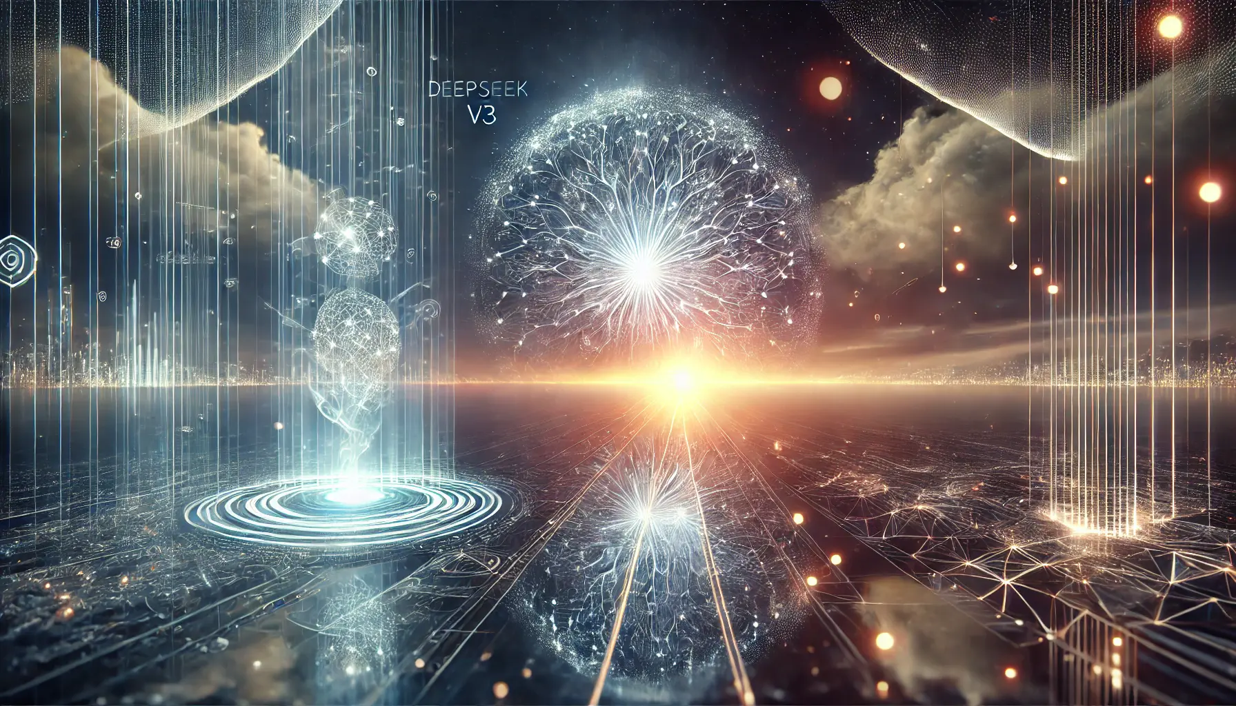 A futuristic visualization of reflection, symbolizing the culmination of DeepSeek v3 advancements with a glowing neural network and digital horizon.